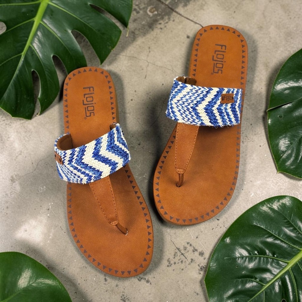 Flojos Womens Grace Blue White Chevron Woven Strap Thong Sandals Tan Size 8M